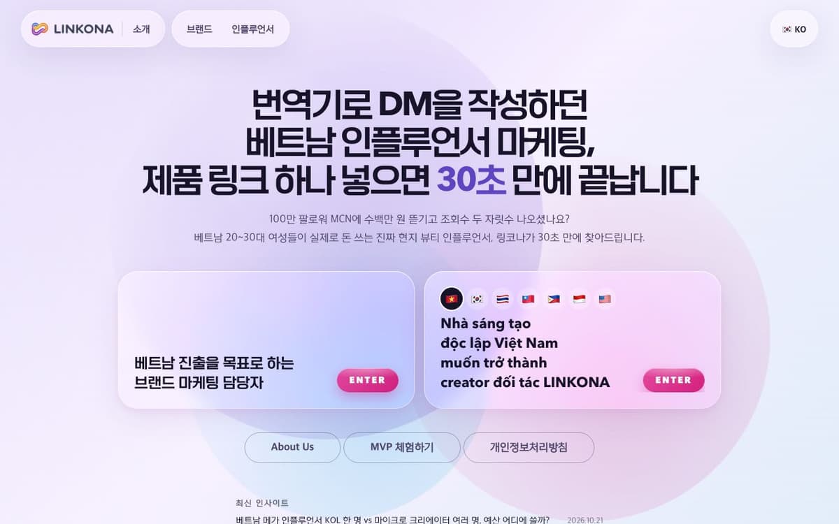 Linkona K-뷰티 인플루언서 AI 매칭 플랫폼